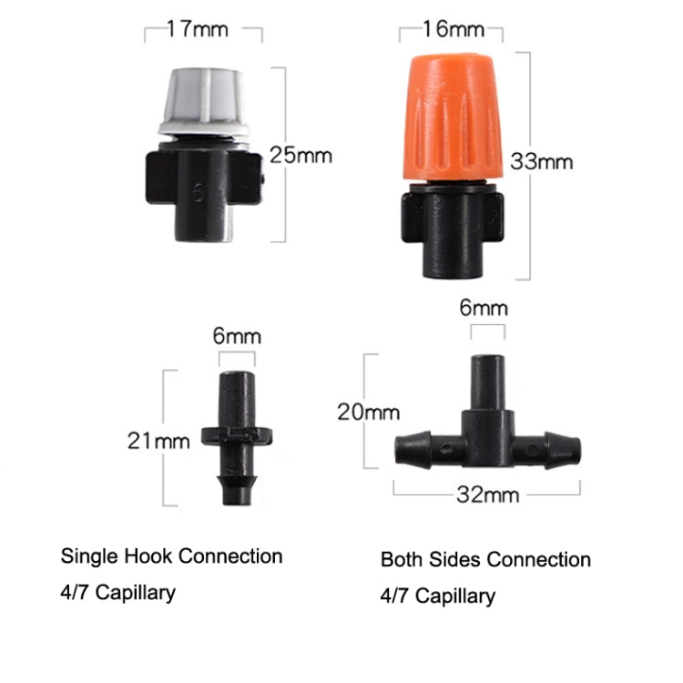 Drip irrigation spray head components with orange top and black barbed connectors