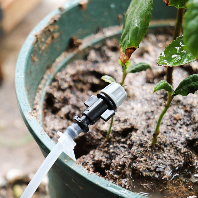 Orange drip irrigation spray head attached near plants with water flowing