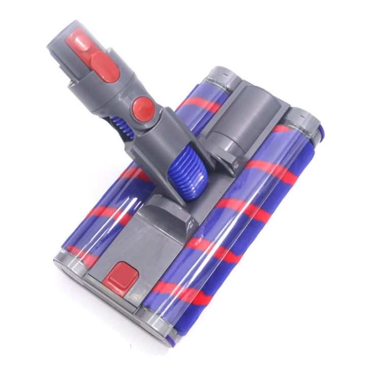 Double-roller floor brush head with blue rollers and red-striped pattern on gray base