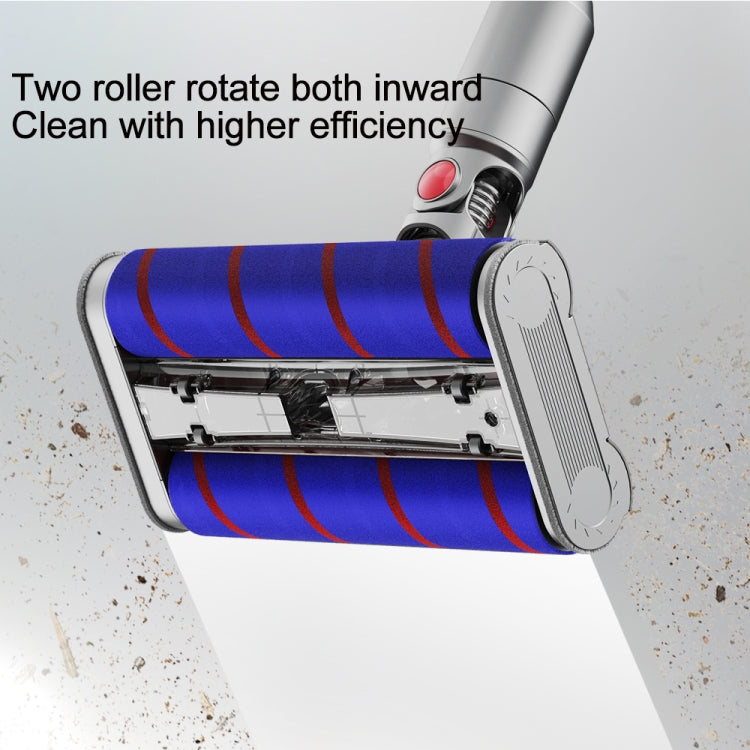 Dual-roller floor brush head with blue velvet rollers and rotating cleaning brush section