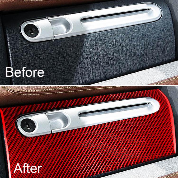 Car glove box sticker insert with red carbon-fiber panel detail