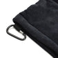 Black microfiber fleece golf ball cleaning towel with carabiner clip corner