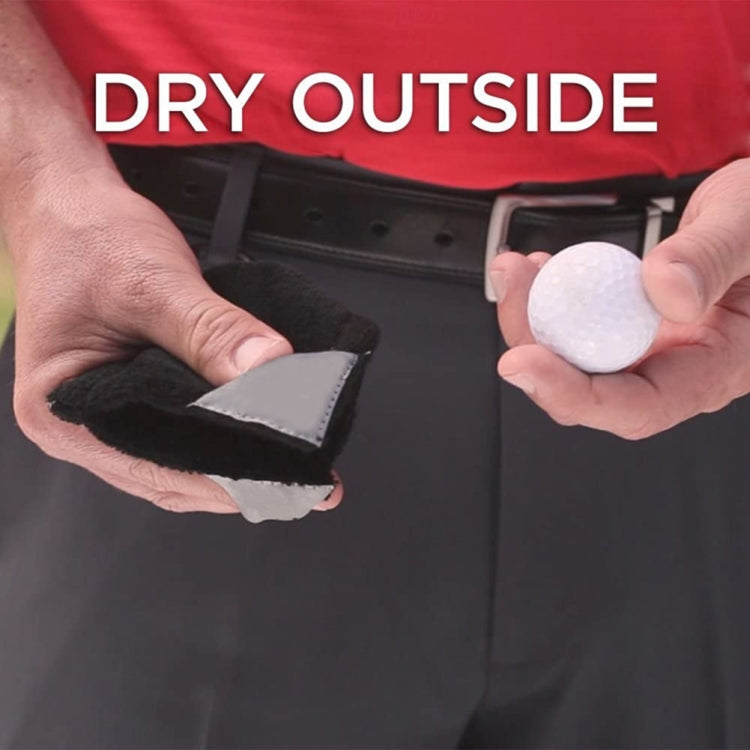 Black microfiber fleece golf ball cleaning towel holding a golf ball pocket