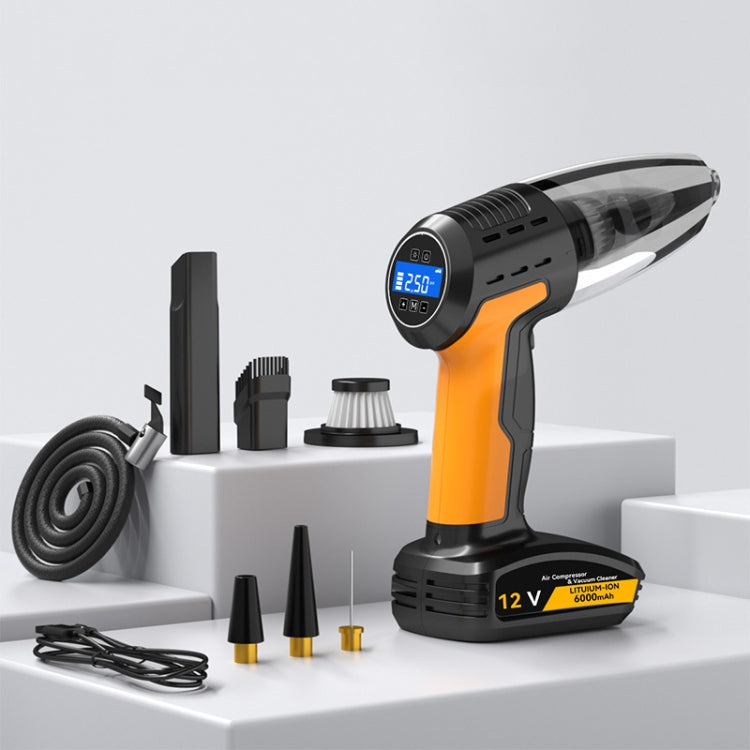 Cordless handheld car vacuum with orange accents and included nozzle attachments