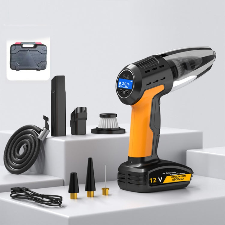 Cordless handheld car vacuum kit with accessories and carry case icon