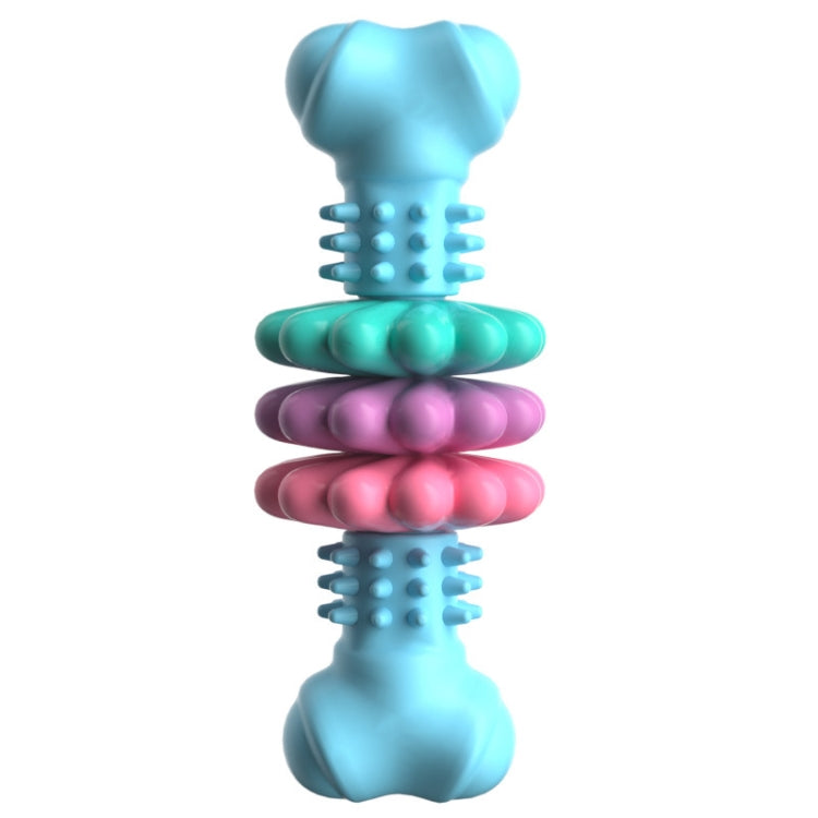 Blue bone-shaped dog teething chew toy with ridged center and stacked colored rings