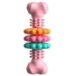 Pink bone-shaped dog teething chew toy with ridged center and stacked colored rings