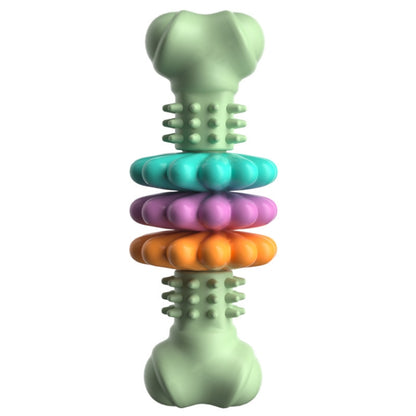 Green bone-shaped dog teething chew toy with ridged center and stacked colored rings