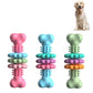 Bone-shaped dog teething chew toys in pink, blue, and green with ridged centers