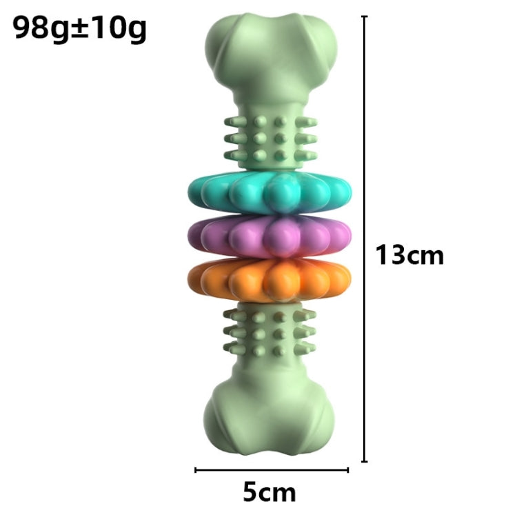 Green bone-shaped dog teething chew toy with ridged center and stacked colored rings