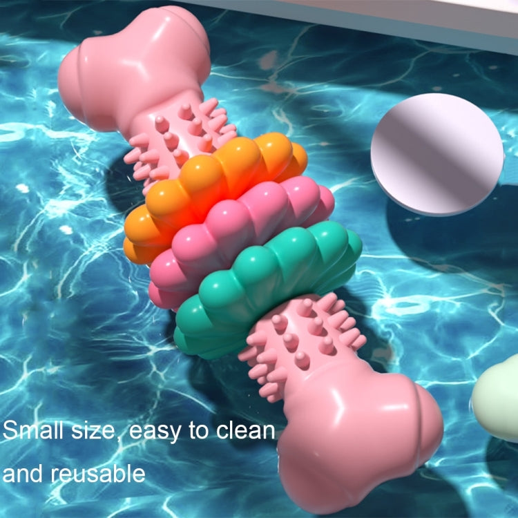 Pink and teal bone-shaped dog teething chew toys with ridged bumps and rings