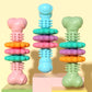 Set of bone-shaped dog teething chew toys in pink, blue, and green with ridged centers