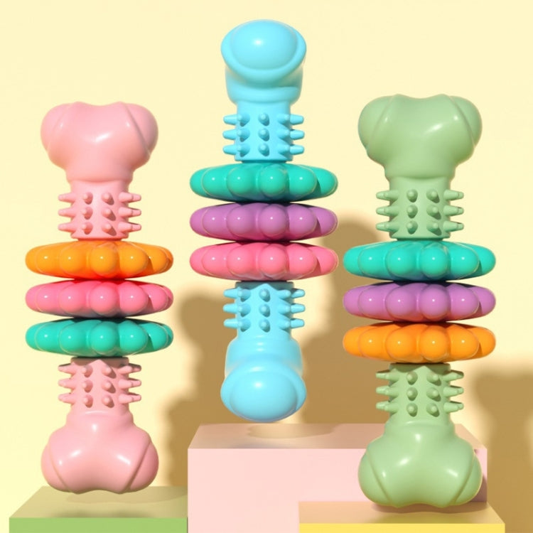 Set of bone-shaped dog teething chew toys in pink, blue, and green with ridged centers