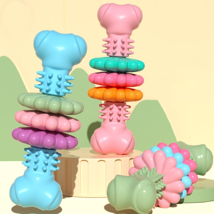 Assorted bone-shaped dog teething chew toys in blue, pink, purple, green, and orange