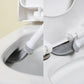 Soft rubber toilet brush with curved head and clip mount for toilet rim