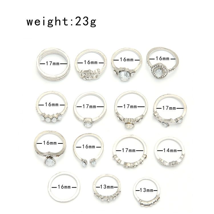 15-piece set of silver-tone rhinestone rings with size markings and gem settings