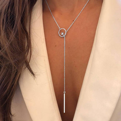 Silver-tone long sweater chain necklace with round charm and dangling vertical bar
