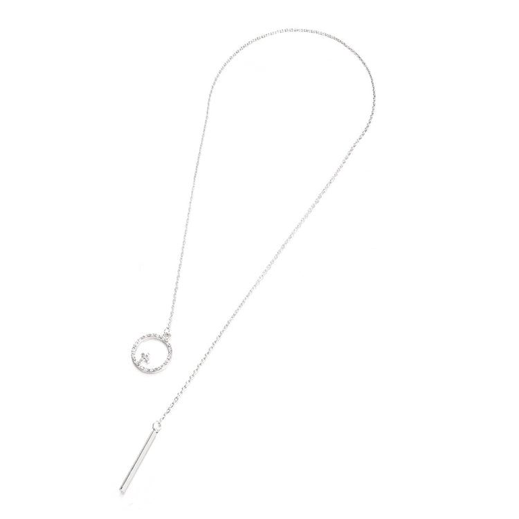 Silver-tone long chain sweater necklace with round disc charm and pointed bar drop