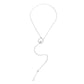 Silver-tone long necklace with round disc pendant and curved chain with bar dangle