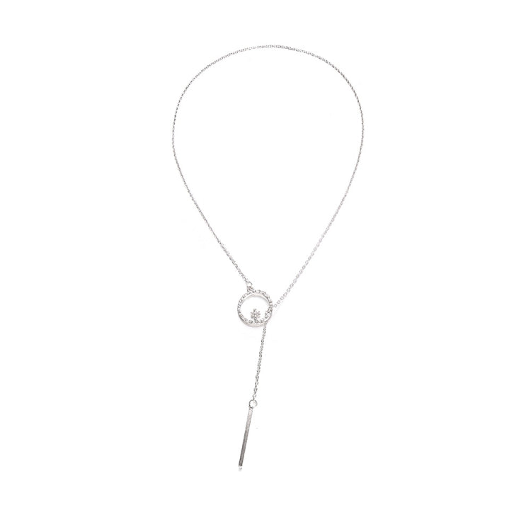 Silver-tone long chain necklace with round disc pendant and small hanging bar charm