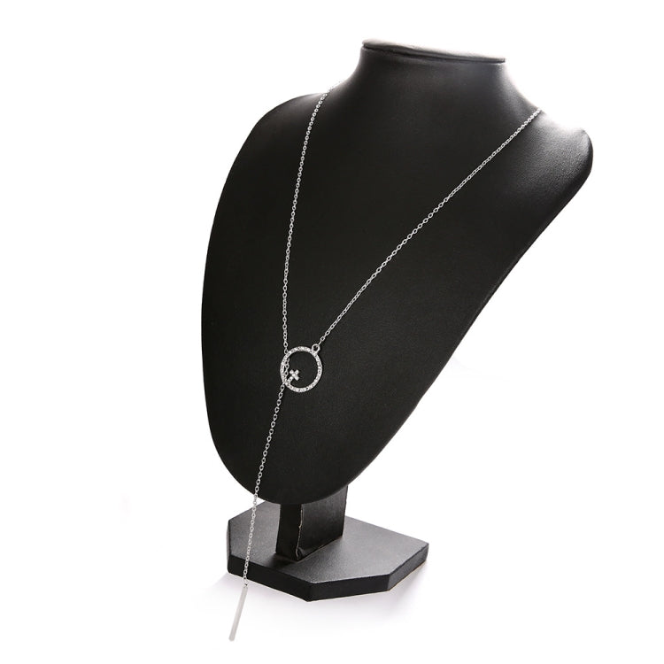 Silver-tone long sweater chain necklace with round disc pendant and dangling bar