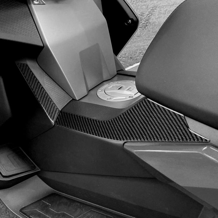 Black carbon-fiber style fuel tank side sticker set with textured panel accents