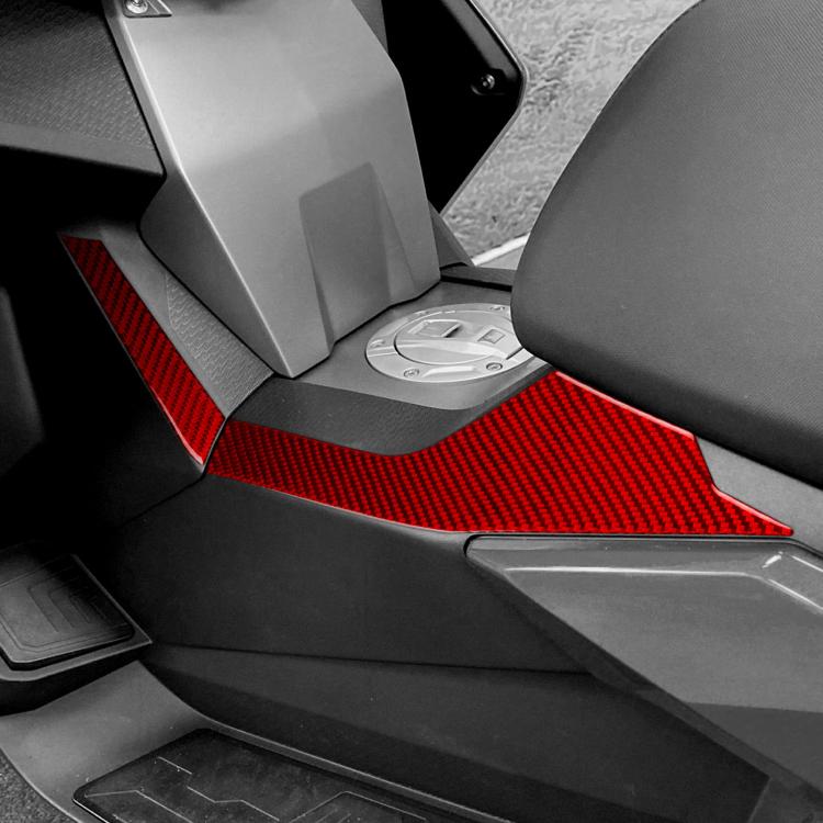 Red carbon-fiber style fuel tank side sticker set with textured panel accents
