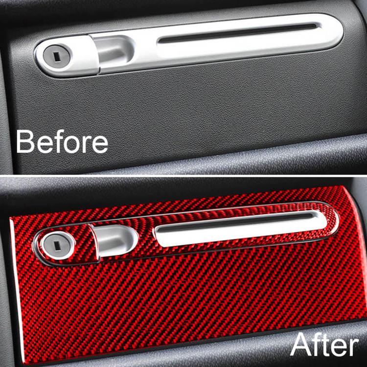 Red carbon fiber glove box sticker set with silver handle and circular lock cutout