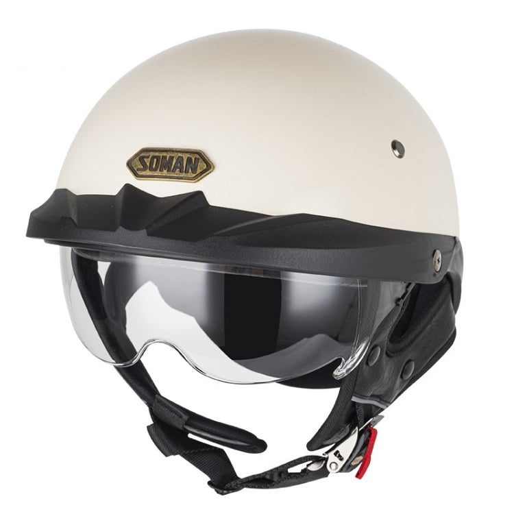 SOMAN motorcycle half helmet, white shell with clear inner visor and chin strap
