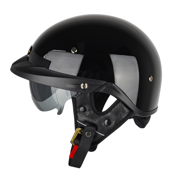 Matte black half-face motorcycle helmet with tinted visor and chin strap