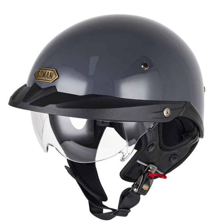 Ivory half-face motorcycle helmet with tinted visor and chin strap