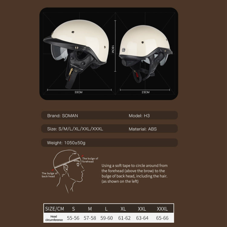 Half-face motorcycle helmet size chart with visor and chin strap
