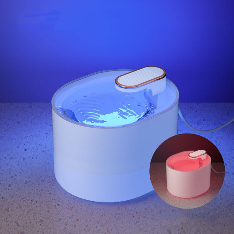 Automatic pet water fountain with blue light, white base and round top