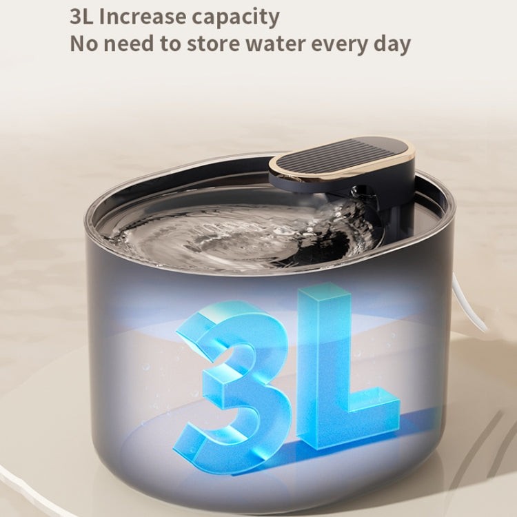 Automatic pet water fountain with open top and blue-lit display on gray base