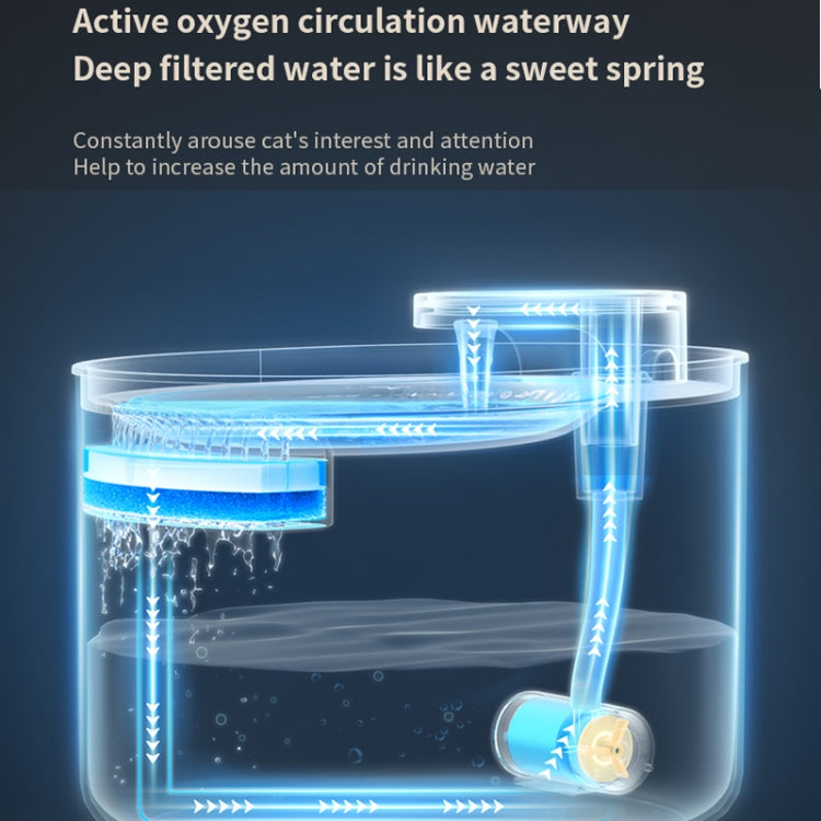 Transparent internal view of automatic pet water fountain with blue circulation channels