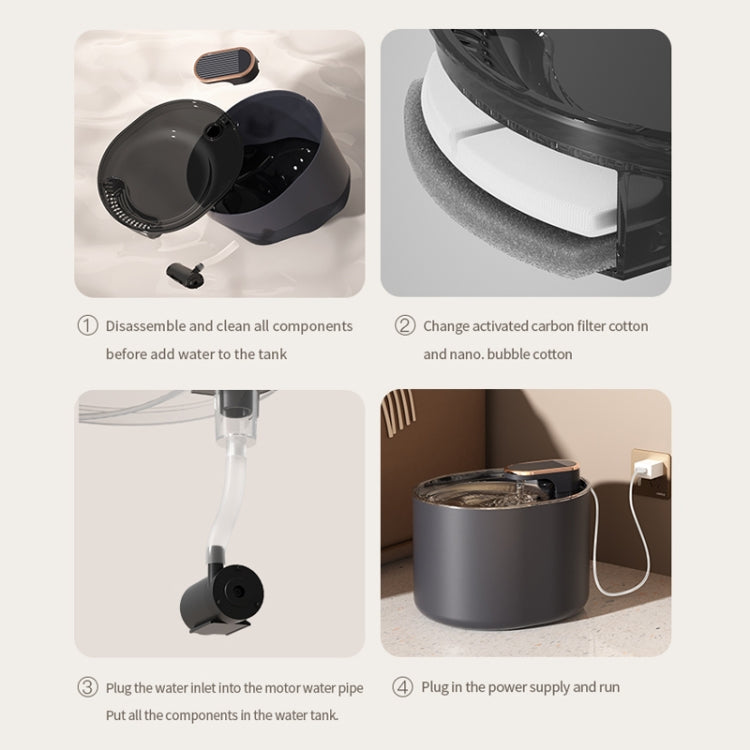 Automatic pet water fountain base with pump outlet tube and filter components