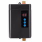 Black electric water heater with digital display and control buttons, brass water inlets