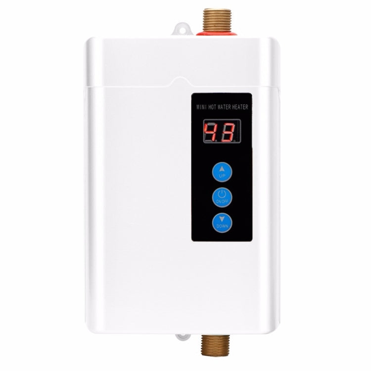 White mini instant electric water heater with digital temperature display and control buttons