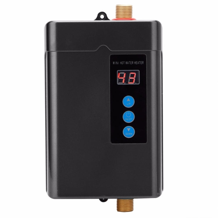 Black mini instant electric water heater with digital temperature display and blue control buttons