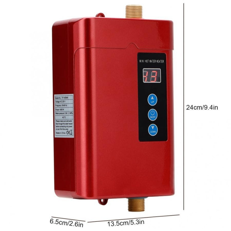 Red mini instant electric water heater with digital temperature display and control buttons