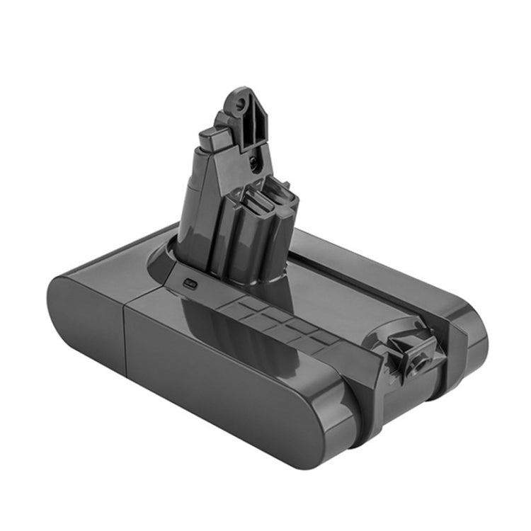 Dyson V6 handheld vacuum battery pack shown from above, dark gray plastic body
