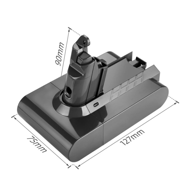 Vacuum battery pack for Dyson V6 with size-marked dimensions on dark gray housing