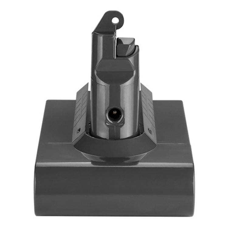 Vacuum battery pack for Dyson V6 with charging port front view, dark gray casing