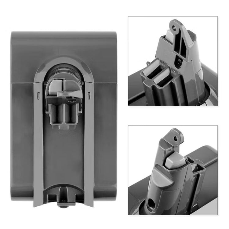 Vacuum battery pack for Dyson V6 with rear housing openings and inset detail views