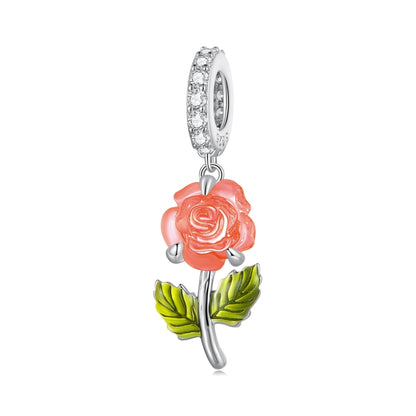 Sterling silver rose pendant charm with orange color-changing enamel petals and green leaves