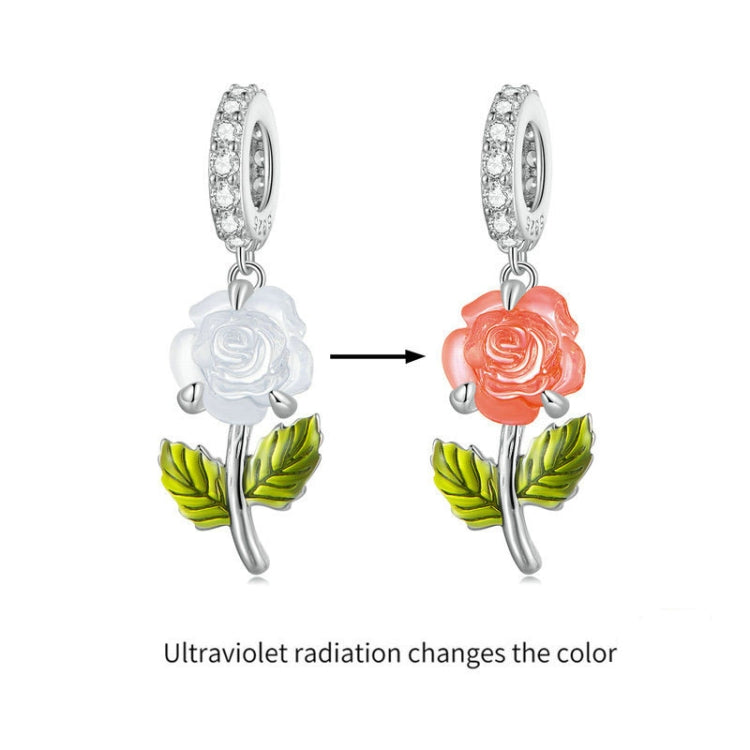 Sterling silver rose pendant charm, white to orange color-changing enamel petals