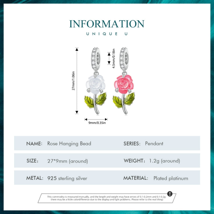 925 sterling silver rose hanging bead charm with enamel rose and green leaves