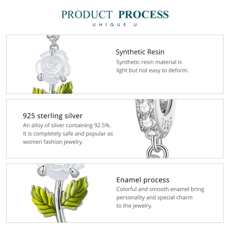 Enamel rose bead charm in 925 sterling silver with green leaf accents