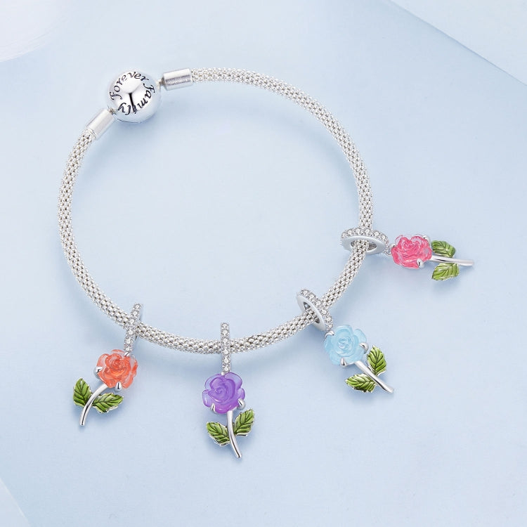 Color-changing rose bead charm bracelet with silver chain and multicolor enamel flowers