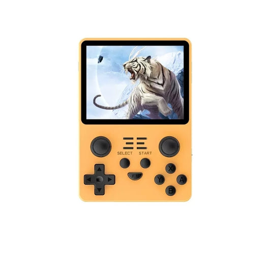 POWKIDDY retro handheld game console, yellow front view with controller buttons